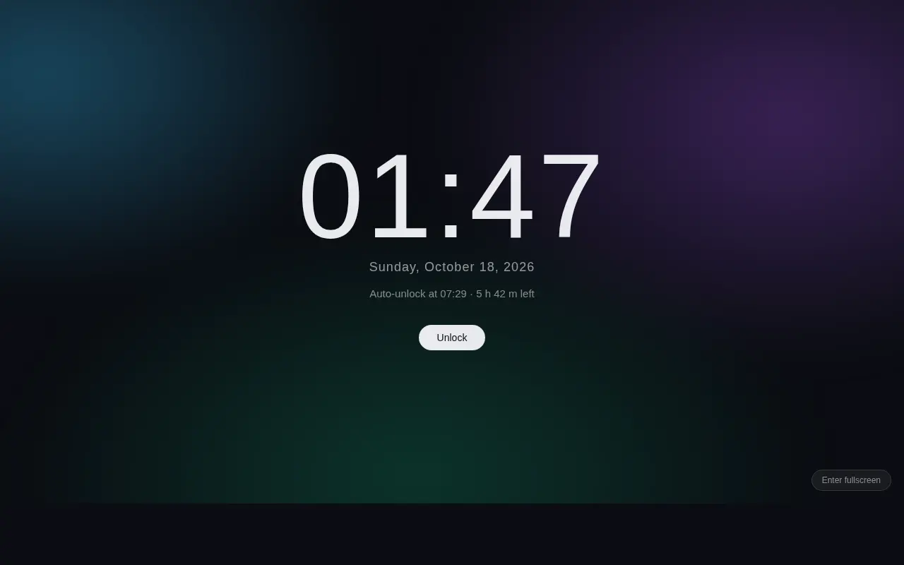 A locked screen showing a large clock at 01:47 over a soft aurora background