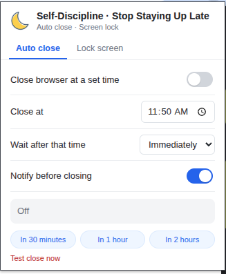 Settings tab for scheduled auto-close