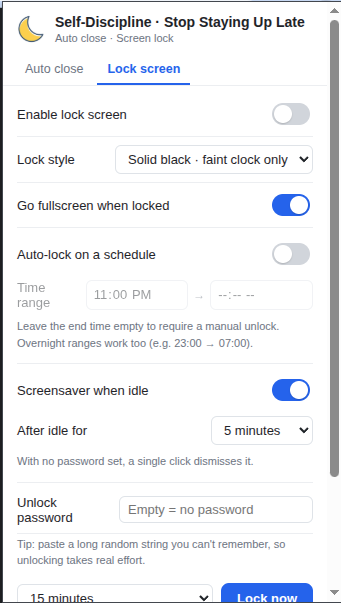Settings tab for the lock screen